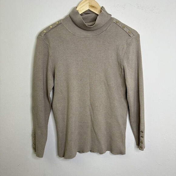 Calvin Klein Sweaters - Calvin Klein turtleneck sweater with gold buttons beige tan‎ khaki ribbed Size L